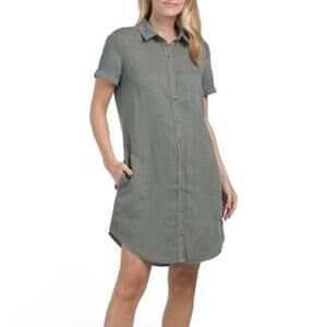 Lucky Brand Linen Blend Tunic Shirt Dress Button-Front Mini Gray Womens Size M